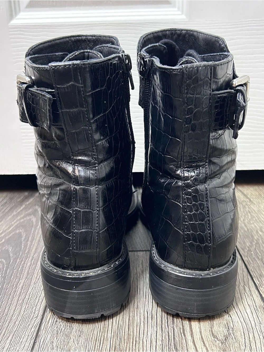 Black Croc Embossed Combat Boots Buckle Lace Up Ankle Boots Size 10 - Picture 4 of 12